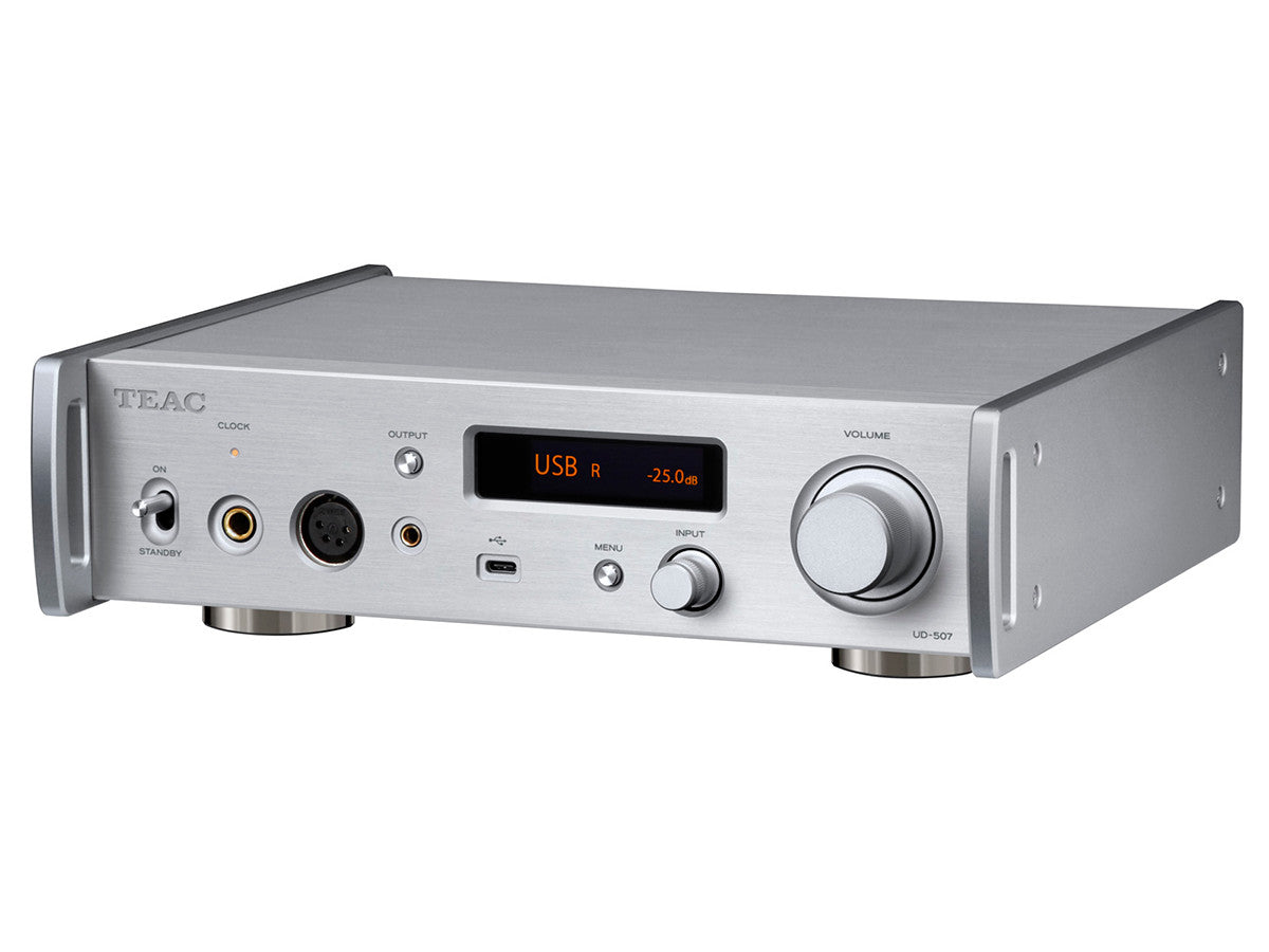 UD-507 DAC, Preamp, Headphone Amp Silver Angled